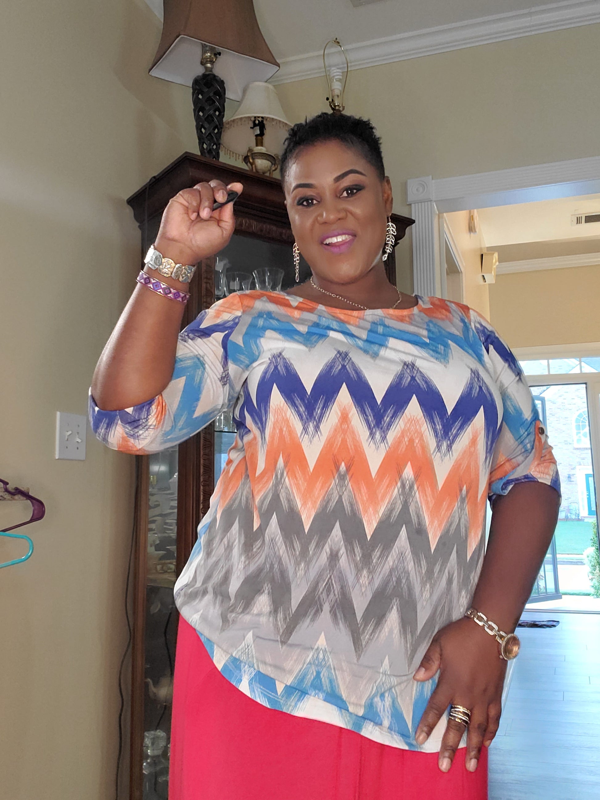 Woman blue and orange multicolor color blouse  image 0